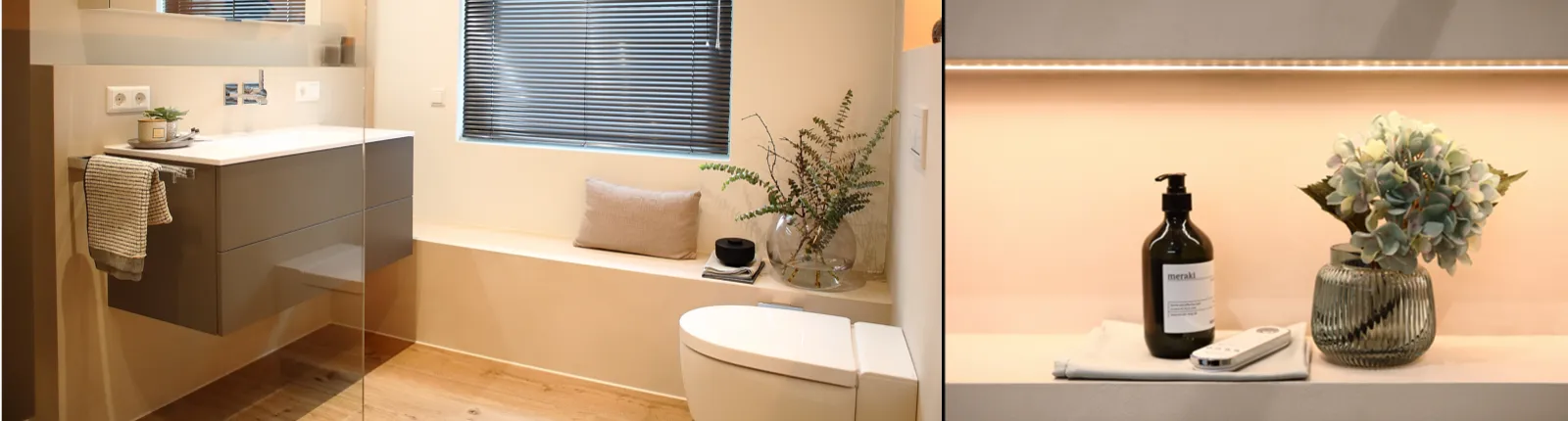 Modernes Wohnbad mit schwebendem Waschtisch, dekorativer Sitzbank mit Kissen, Glasvase mit Pflanzen sowie Detailaufnahme von Seifenspender und Blumendeko.