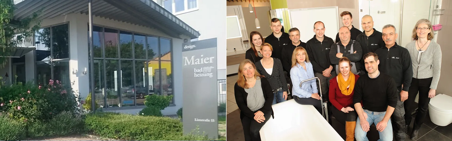 Team der Firma Maier im Ausstellungsraum und Ansicht Firmengebäude