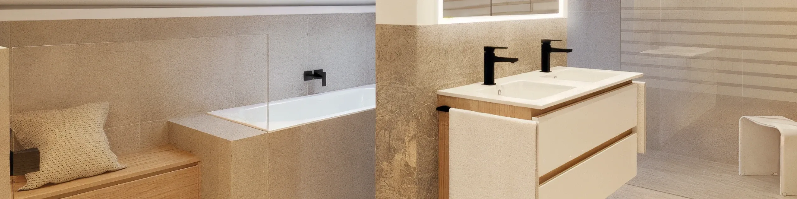 Zeitloses Badezimmer mit Doppelwaschtisch, schwarzen Armaturen und integrierter Badewanne mit Holzbank.