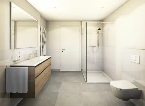 Fotorealistischer Plnungsentwurf eines geräumigen Economy-Bades mit Glasdusche, Holzwaschtisch und großem Spiegel. Dezente Ausstattung für einen schlichten, eleganten Look.