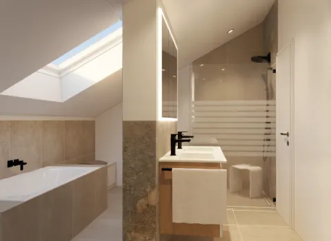 Ein stilvolles Badezimmer im Dachgeschoss mit Tageslicht durch ein großes Oberlicht. Die Ausstattung umfasst eine Dusche mit Sichtschutzglas, einen Waschtisch mit LED-Spiegel und eine elegante Wanne. Alles in neutralen, warmen Tönen gestaltet.