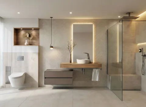 Fotorealistischer Planungsentwurf eines großen, hellen Premiumbades mit barrierefreier Walk-im-Glasdusche, großem Leuchtspiegel und haengendem Echtholz-Waschtisch.