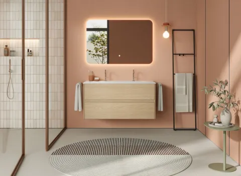 Waschtisch aus der Kollektion Oteo des Herstellers burgbad in der Farbe Eiche Dekor Baumwolle.