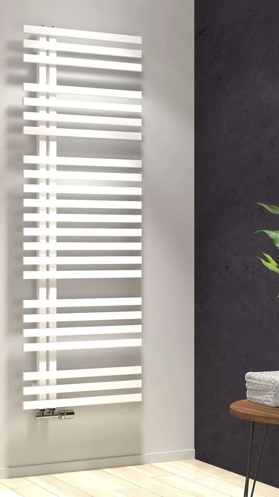 Ein weißer, moderner HSK Yenga Handtuchheizkörper mit horizontalen Streben ist an der Wand eines schick gestalteten Badezimmers angebracht. 