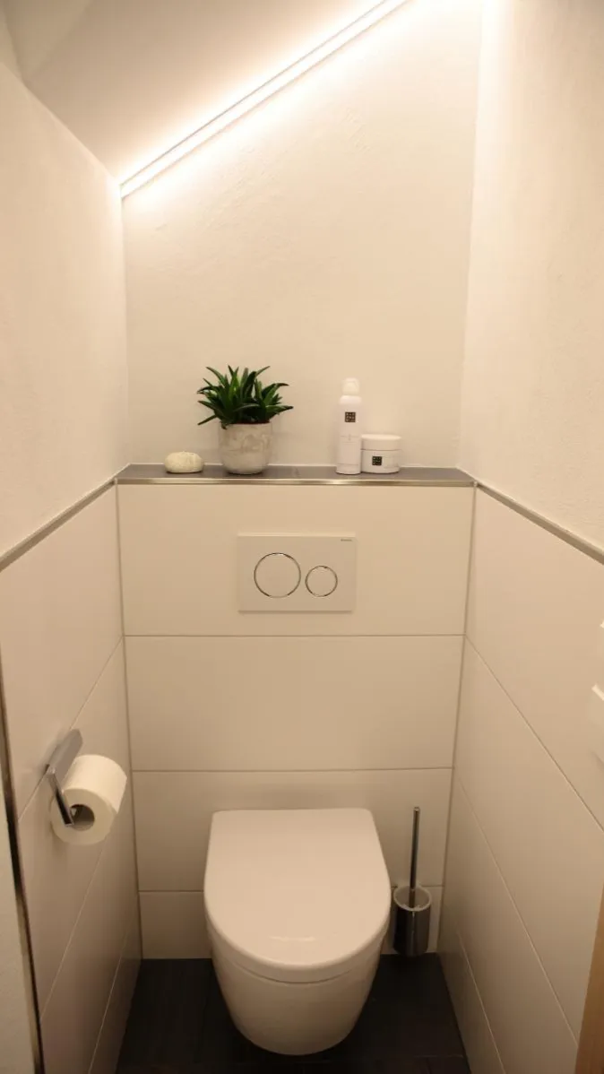 Modernes WC im Dachbad mit schlichter weißer Wandgestaltung, dunklem Boden und dekorativer Ablage mit Pflanze und Pflegeprodukten.