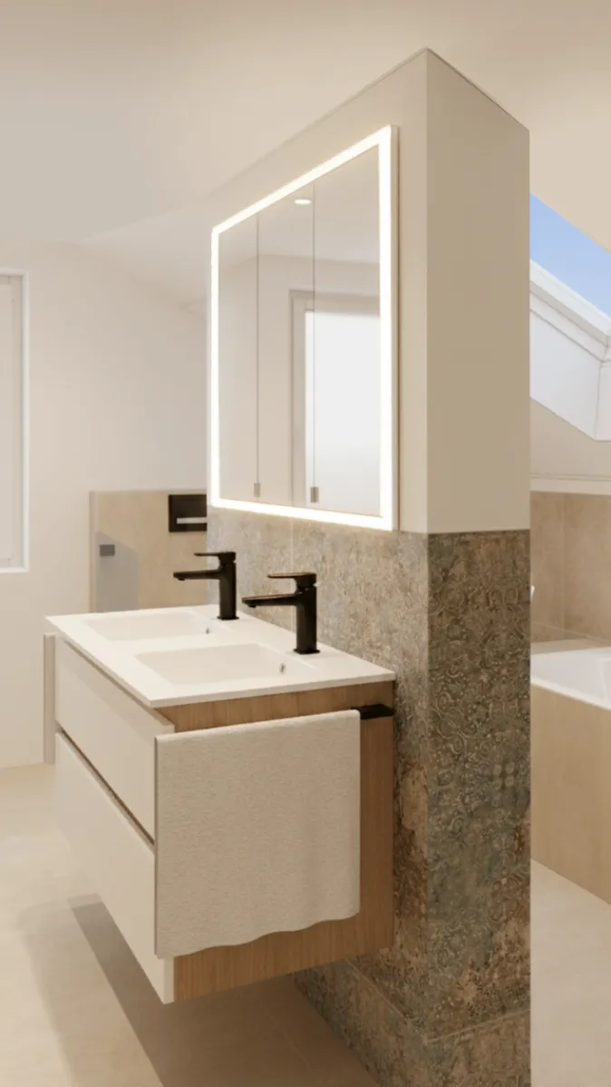 Zeitlos gestaltetes Badezimmer mit Doppelwaschbecken, Wandspiegel und stimmungsvollem Lichtkonzept.