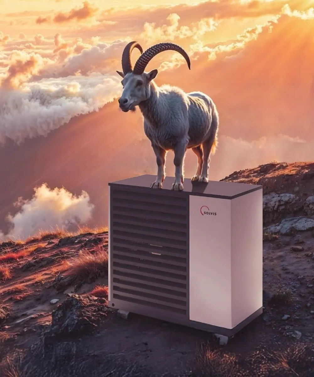 Ein majestätischer Steinbock steht auf einer modernen Wärmepumpe auf einem Berggipfel, umgeben von dramatisch beleuchteten Wolken und Sonnenstrahlen.