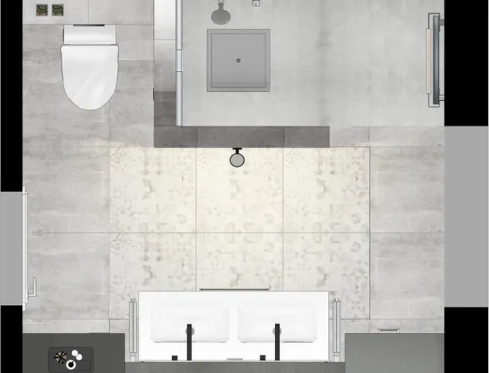 Grundriss eines modernen Kompaktbads mit WC links, bodengleicher Dusche oben und Doppelwaschtisch unten.