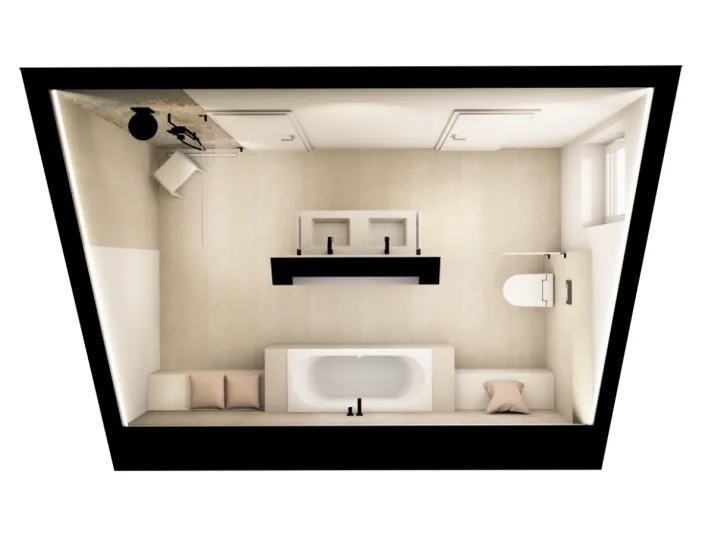 Minimalistisches Bad unter der Schräge mit Waschtisch, WC und Dusche, kombiniert mit warmen Beige- und Holztönen.