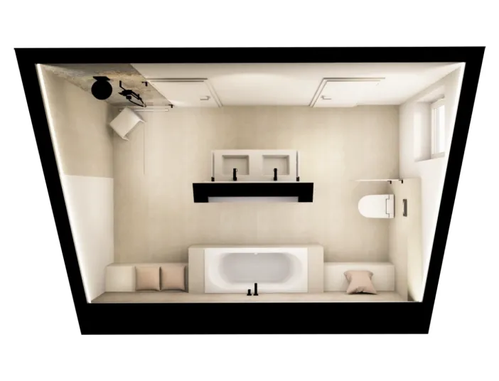 Minimalistisches Bad unter der Schräge mit Waschtisch, WC und Dusche, kombiniert mit warmen Beige- und Holztönen.