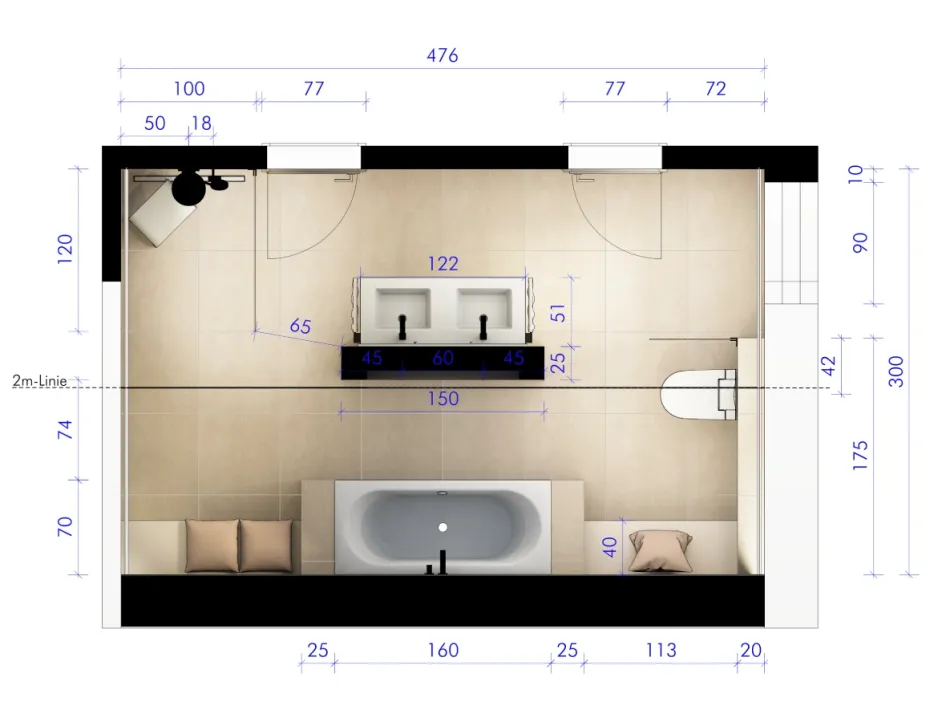 Ein moderner Badezimmer-Grundriss zeigt eine symmetrische Aufteilung mit zentral platzierter Badewanne. Links befindet sich die begehbare Dusche, rechts das WC, dazwischen ein Doppelwaschtisch.
